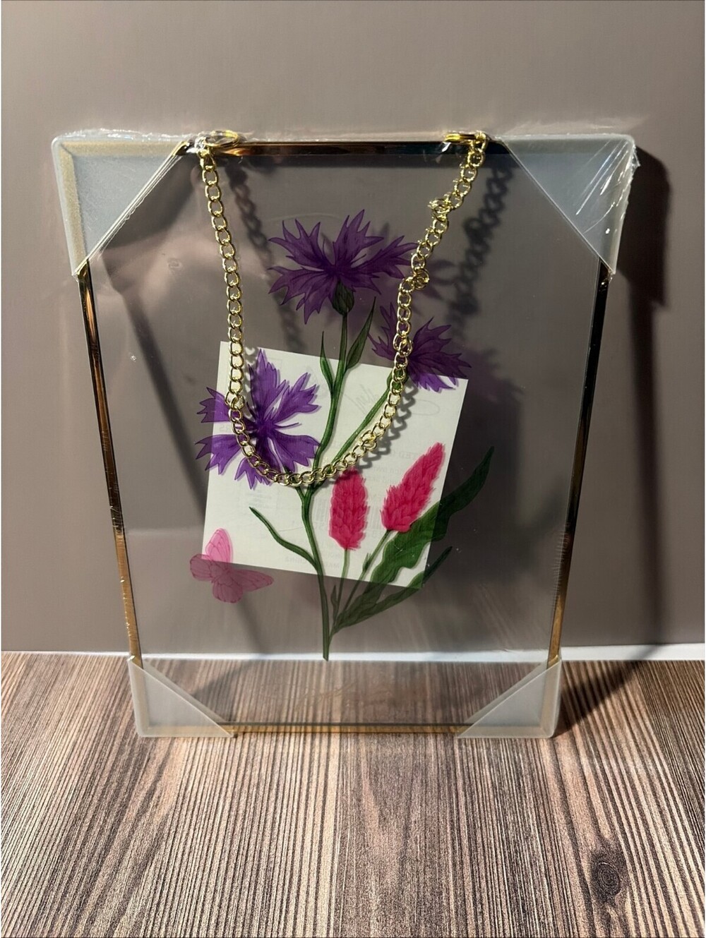 Dolly Parton Peri Blue Flowers Printed Glass Panel Butterfly Gold Chain NWT